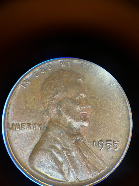 Lincoln-Cents-1955--Die-Chip-On-T-&-The-Wheat--Leave